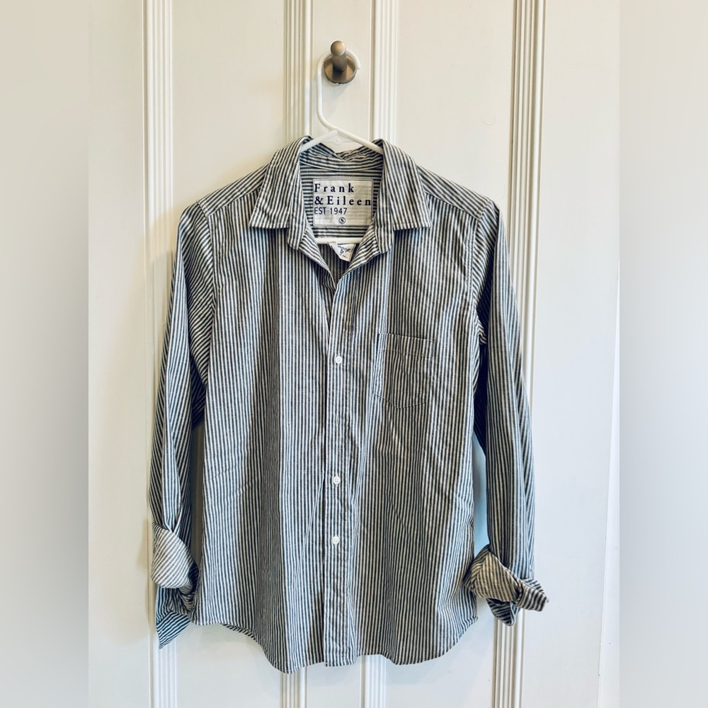 Frank & Eileen Womens Gray Blue Barry Striped Tailored Button Up Shirt Small